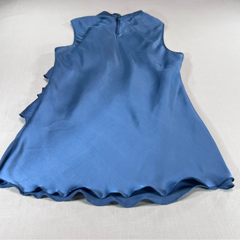 Kenar Women’s M Blue Satin Ruffle Front Sleeveless Top Mock Neck Blouse - Picture 8 of 13